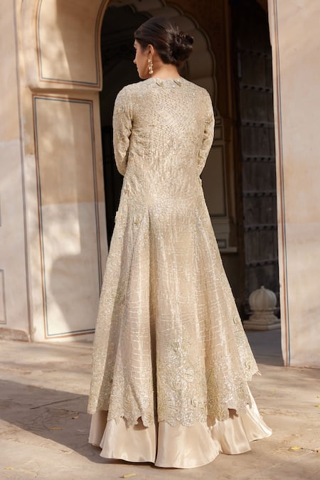 Shop Osaa By Adarsh Beige Tissue, Silk Embroidery, Zari Sweetheart Neck, Open Jacket Lehenga Set at Aza Fashions Shop_Osaa By Adarsh_Beige Tissue, Silk Embroidery, Zari Sweetheart Neck, Open Jacket Lehenga Set _at_Aza_Fashions