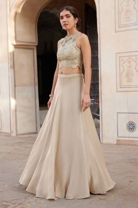 Osaa By Adarsh Beige Tissue, Silk Embroidery, Zari Halter Neck Zardosi Crop Top And Skirt Set Online at Aza Fashions Osaa By Adarsh_Beige Tissue, Silk Embroidery, Zari Halter Neck Zardosi Crop Top And Skirt Set _Online_at_Aza_Fashions