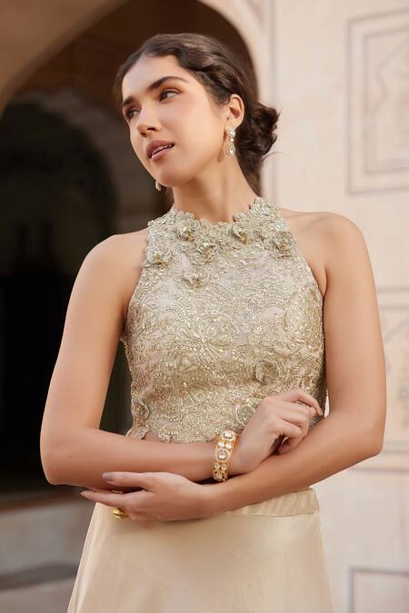 Buy Osaa By Adarsh Beige Tissue, Silk Embroidery, Zari Halter Neck Zardosi Crop Top And Skirt Set Online at Aza Fashions Buy_Osaa By Adarsh_Beige Tissue, Silk Embroidery, Zari Halter Neck Zardosi Crop Top And Skirt Set _Online_at_Aza_Fashions