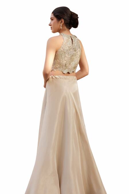Osaa By Adarsh Beige Tissue, Silk Embroidery, Zari Halter Neck Zardosi Crop Top And Skirt Set at Aza Fashions Osaa By Adarsh_Beige Tissue, Silk Embroidery, Zari Halter Neck Zardosi Crop Top And Skirt Set _at_Aza_Fashions