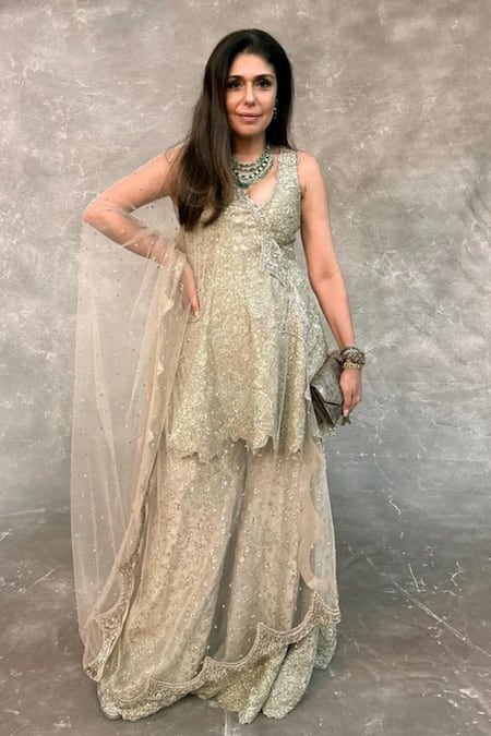 Shop_Osaa By Adarsh_Beige Silk, Tissue Embroidery, Zari Round Neck Zardosi Top And Flared Pant Set _at_Aza_Fashions