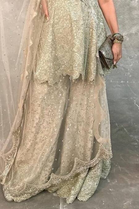 Buy_Osaa By Adarsh_Beige Silk, Tissue Embroidery, Zari Round Neck Zardosi Top And Flared Pant Set _Online_at_Aza_Fashions