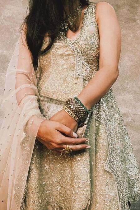 Shop_Osaa By Adarsh_Beige Silk, Tissue Embroidery, Zari Round Neck Zardosi Top And Flared Pant Set _Online_at_Aza_Fashions