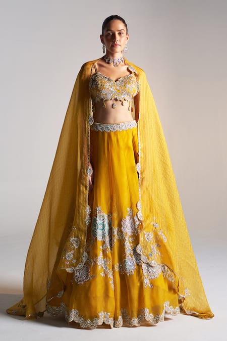 Osaa by Adarsh Gold Organza Embroidered Zardosi V Neck Blouse Lehenga Set 