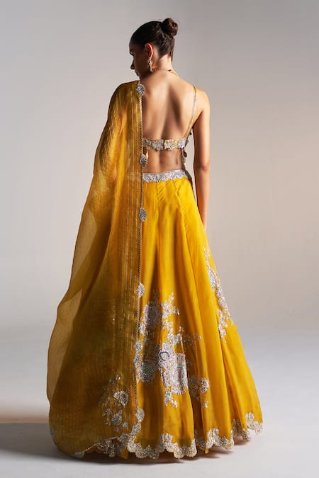 Shop Osaa By Adarsh Gold Organza Embroidery, Zari V-neck Blouse Lehenga Set at Aza Fashions Shop_Osaa By Adarsh_Gold Organza Embroidery, Zari V-neck Blouse Lehenga Set _at_Aza_Fashions