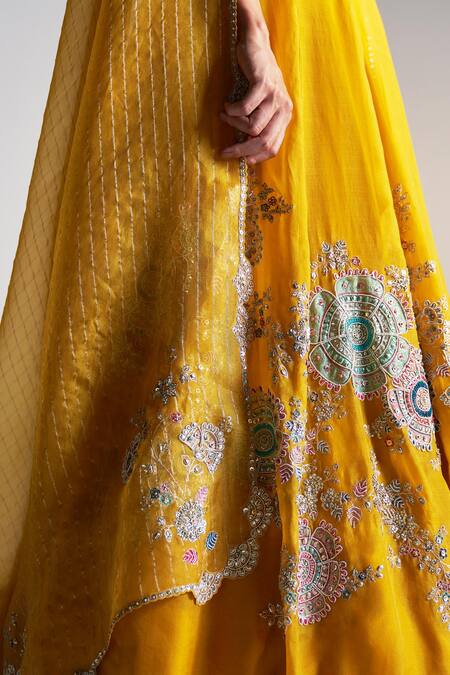 Osaa By Adarsh Gold Organza Embroidery, Zari V-neck Blouse Lehenga Set at Aza Fashions Osaa By Adarsh_Gold Organza Embroidery, Zari V-neck Blouse Lehenga Set _at_Aza_Fashions
