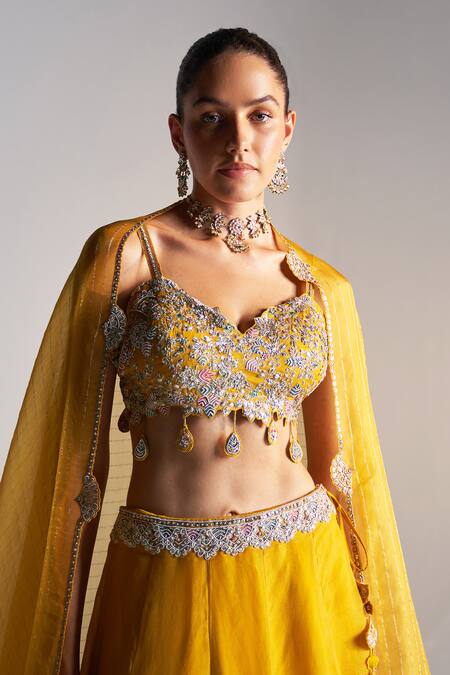 Buy Osaa By Adarsh Gold Organza Embroidery, Zari V-neck Blouse Lehenga Set Buy_Osaa By Adarsh_Gold Organza Embroidery, Zari V-neck Blouse Lehenga Set