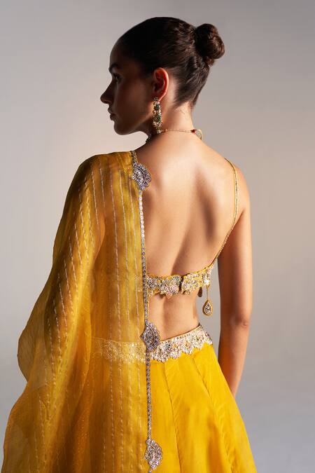 Shop Osaa By Adarsh Gold Organza Embroidery, Zari V-neck Blouse Lehenga Set Shop_Osaa By Adarsh_Gold Organza Embroidery, Zari V-neck Blouse Lehenga Set