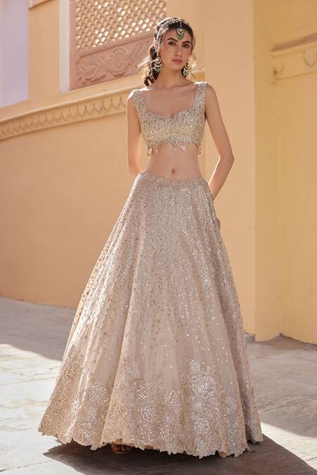 Osaa By Adarsh_Beige Silk, Tissue Embroidery, Sequins, Zari V-neck Zardosi Blouse Lehenga Set _Online_at_Aza_Fashions
