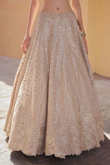 Buy_Osaa By Adarsh_Beige Silk, Tissue Embroidery, Sequins, Zari V-neck Zardosi Blouse Lehenga Set _Online_at_Aza_Fashions