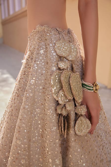 Shop_Osaa By Adarsh_Beige Silk, Tissue Embroidery, Sequins, Zari V-neck Zardosi Blouse Lehenga Set _Online_at_Aza_Fashions