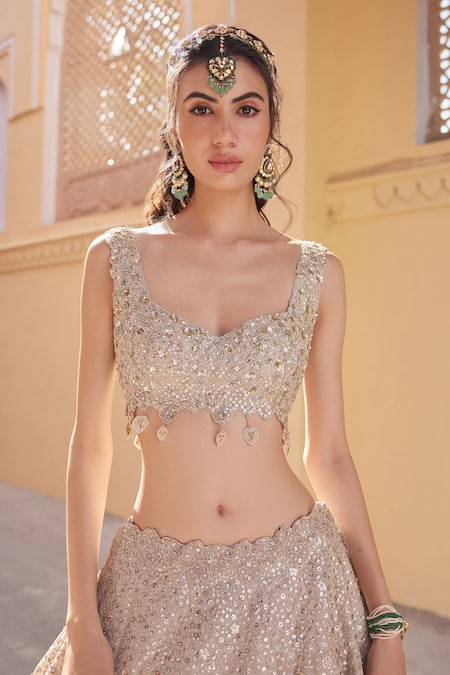 Osaa By Adarsh_Beige Silk, Tissue Embroidery, Sequins, Zari V-neck Zardosi Blouse Lehenga Set _at_Aza_Fashions