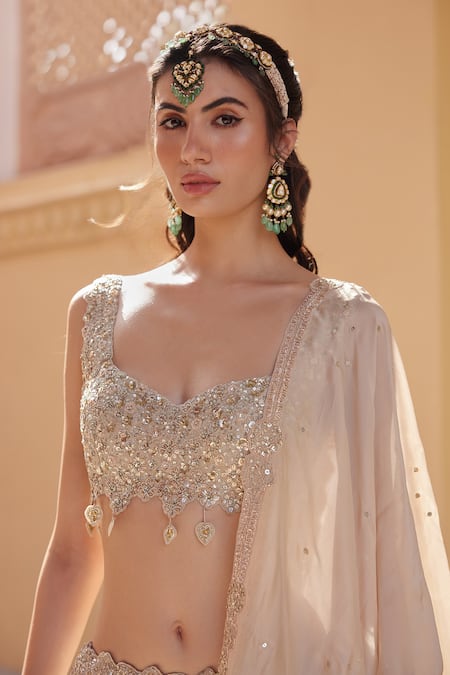 Buy_Osaa By Adarsh_Beige Silk, Tissue Embroidery, Sequins, Zari V-neck Zardosi Blouse Lehenga Set 