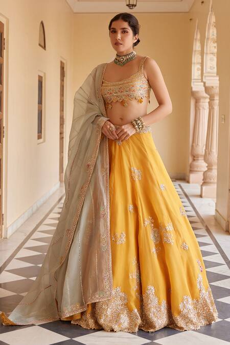 Buy_Osaa By Adarsh_Orange Organza Diamonds, Embroidery Round Neck Aari Blouse Lehenga Set _Online_at_Aza_Fashions