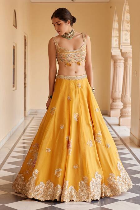 Shop_Osaa By Adarsh_Orange Organza Diamonds, Embroidery Round Neck Aari Blouse Lehenga Set _Online_at_Aza_Fashions