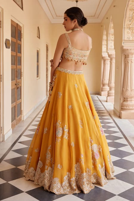 Osaa By Adarsh_Orange Organza Diamonds, Embroidery Round Neck Aari Blouse Lehenga Set _Online_at_Aza_Fashions