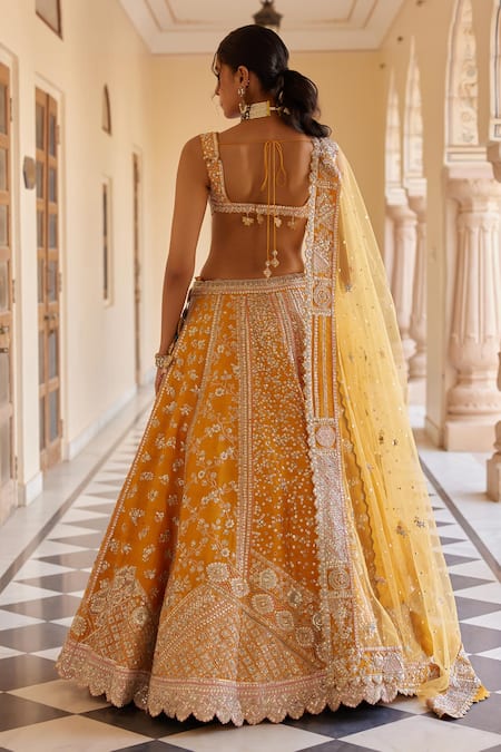 Shop Osaa By Adarsh Orange Silk Zari, Diamonds, Embroidery V-neck Dori Blouse Lehenga Set Online at Aza Fashions Shop_Osaa By Adarsh_Orange Silk Zari, Diamonds, Embroidery V-neck Dori Blouse Lehenga Set _Online_at_Aza_Fashions