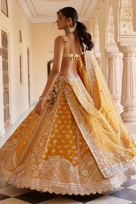 Shop Osaa By Adarsh Orange Silk Zari, Diamonds, Embroidery V-neck Dori Blouse Lehenga Set at Aza Fashions Shop_Osaa By Adarsh_Orange Silk Zari, Diamonds, Embroidery V-neck Dori Blouse Lehenga Set _at_Aza_Fashions