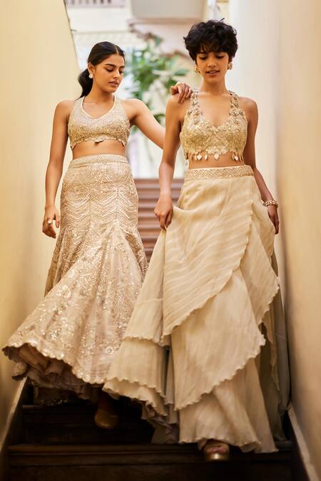 Buy Osaa By Adarsh Beige Tissue, Silk Embroidery, Zari V-neck Crop Top And Fish-cut Skirt Set Buy_Osaa By Adarsh_Beige Tissue, Silk Embroidery, Zari V-neck Crop Top And Fish-cut Skirt Set