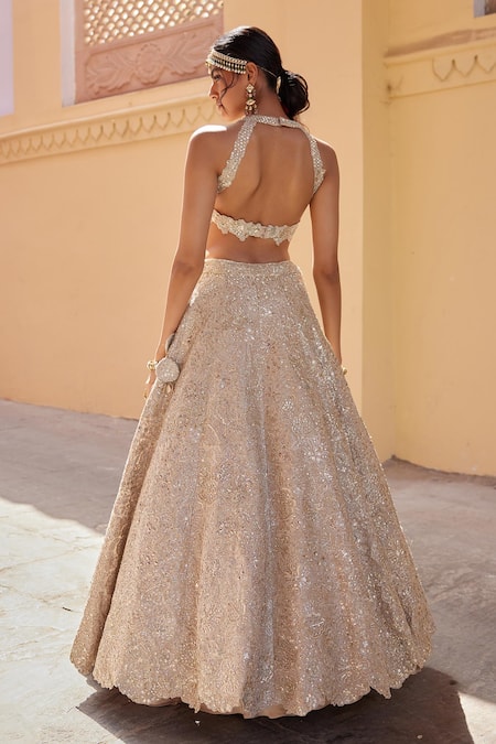 Shop Osaa By Adarsh Beige Tissue, Silk Zari, Embroidery V-neck Zardosi And Aari Blouse Lehenga Set at Aza Fashions Shop_Osaa By Adarsh_Beige Tissue, Silk Zari, Embroidery V-neck Zardosi And Aari Blouse Lehenga Set _at_Aza_Fashions