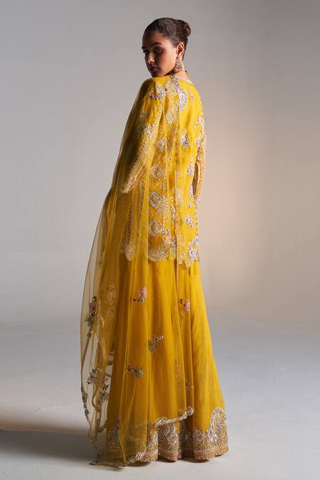 Shop_Osaa By Adarsh_Gold Organza Embroidery, Sequins, Zari Round Neck Kurta Sharara Set_at_Aza_Fashions