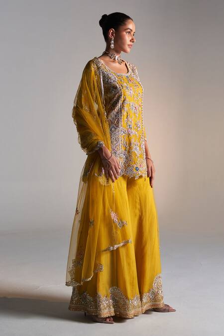 Osaa By Adarsh_Gold Organza Embroidery, Sequins, Zari Round Neck Kurta Sharara Set_Online_at_Aza_Fashions