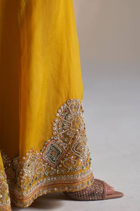 Buy_Osaa By Adarsh_Gold Organza Embroidery, Sequins, Zari Round Neck Kurta Sharara Set_Online_at_Aza_Fashions