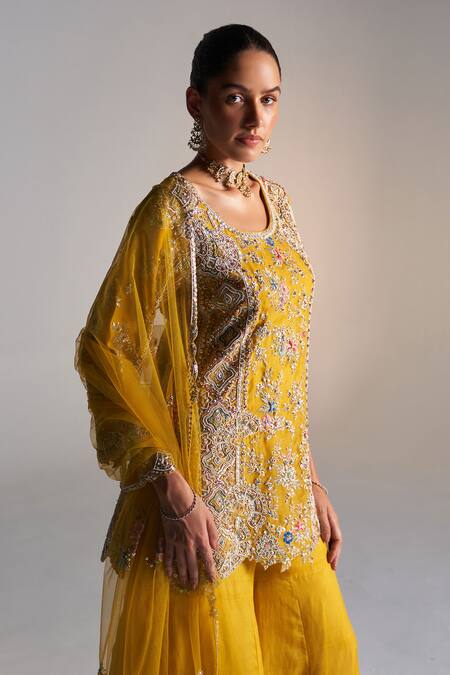 Shop_Osaa By Adarsh_Gold Organza Embroidery, Sequins, Zari Round Neck Kurta Sharara Set_Online_at_Aza_Fashions