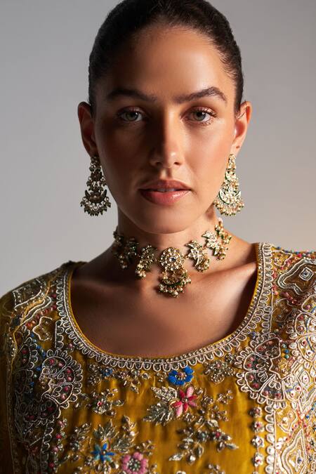 Osaa By Adarsh_Gold Organza Embroidery, Sequins, Zari Round Neck Kurta Sharara Set_at_Aza_Fashions