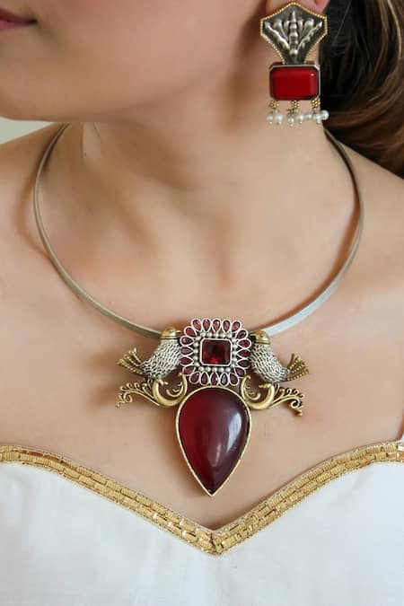 Anana Red Stones, Pearls Yami Twin Bird Carved Necklace Set