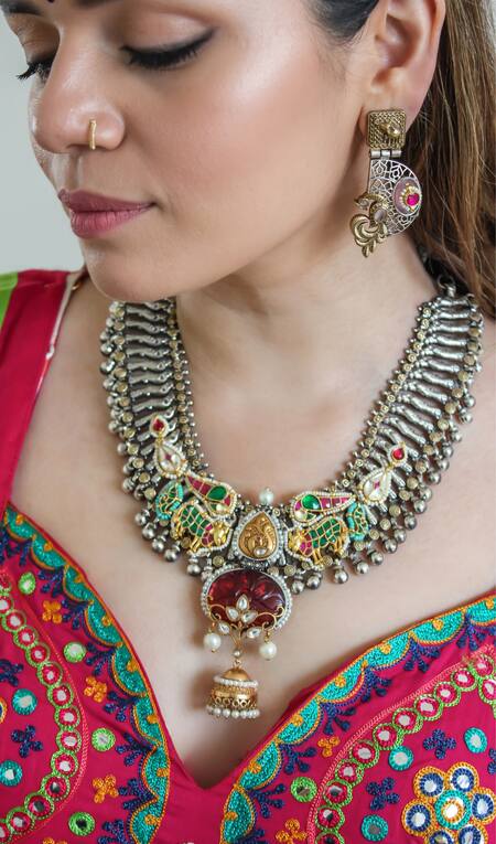 Anana Multi Color Stones Bhagyasri Kundan Polki Embellished Pendant Necklace Set
