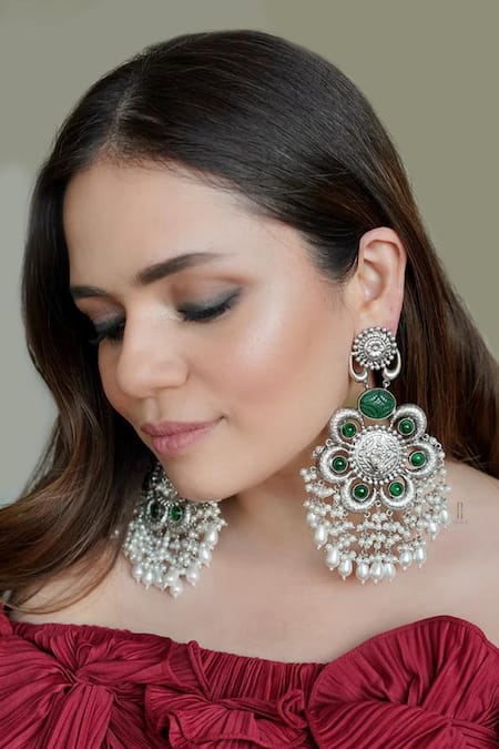 Shop_Anana_Green Semi Precious Stone Deva Floral Carved Danglers _at_Aza_Fashions