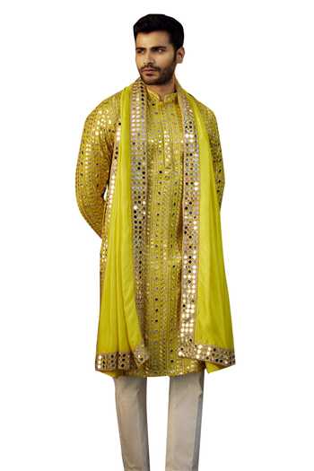 Buy_Kasbah_Yellow Silk Mirrors, Zari, Embroidery Kurta_Online_at_Aza_Fashions