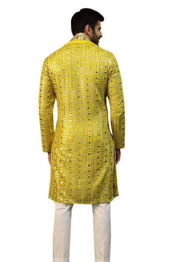 Kasbah_Yellow Silk Mirrors, Zari, Embroidery Kurta_at_Aza_Fashions