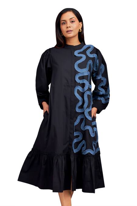 Shop Deepika Arora Black Cotton Round Neck Pleated Frill Shirt Dress Shop_Deepika Arora_Black Cotton Round Neck Pleated Frill Shirt Dress