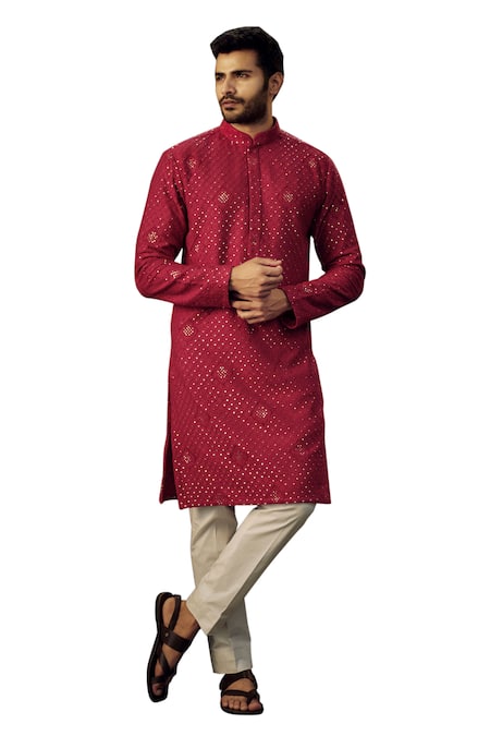 Shop_Kasbah_Red Georgette Sequins, Embroidery And Thread Kurta _Online_at_Aza_Fashions