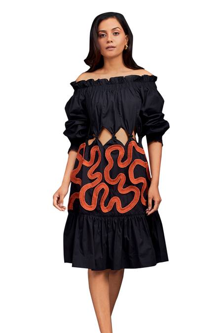 Buy Deepika Arora Black Cotton Off-shoulder Contrasting Pleated Frill Dress Buy_Deepika Arora_Black Cotton Off-shoulder Contrasting Pleated Frill Dress