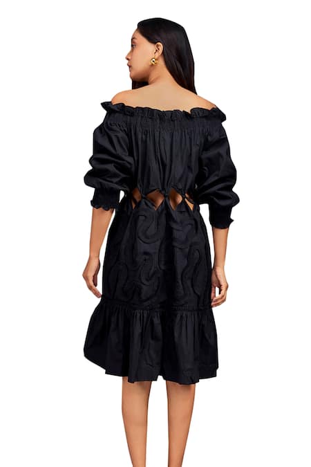 Buy_Deepika Arora_Black Cotton Cut Work Off-shoulder Tonal Frill Out Dress 