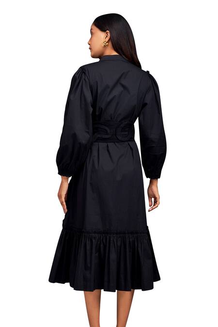Deepika Arora_Black Cotton Round Neck Tonal Pleated Frill Shirt Dress_at_Aza_Fashions