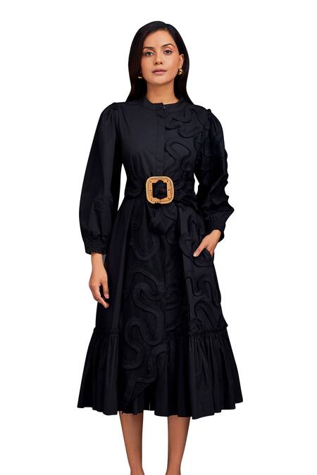 Shop_Deepika Arora_Black Cotton Round Neck Tonal Pleated Frill Shirt Dress