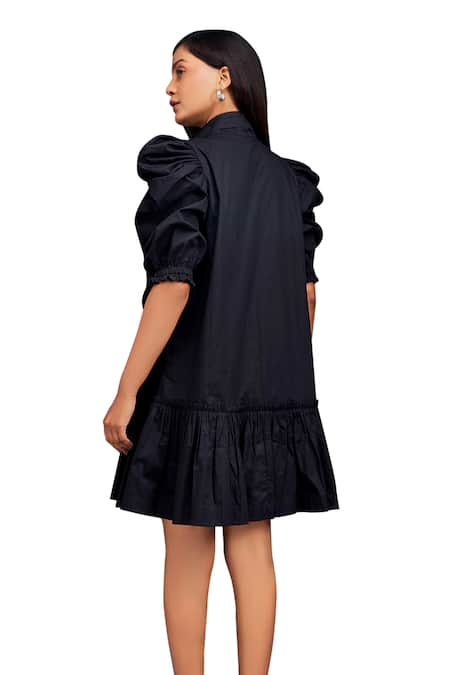 Shop_Deepika Arora_Black Cotton High Neck Pleated Frill Dress
