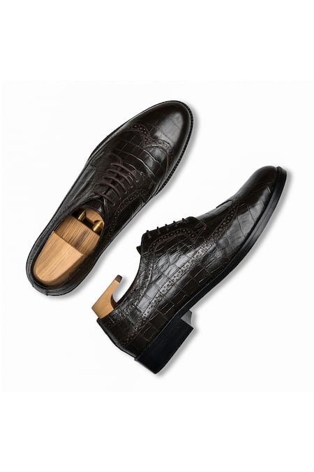 Shop Wednesday Lifestyle Brown Croco Leather Derby Shoes at Aza Fashions Shop_Wednesday Lifestyle_Brown Croco Leather Derby Shoes _at_Aza_Fashions