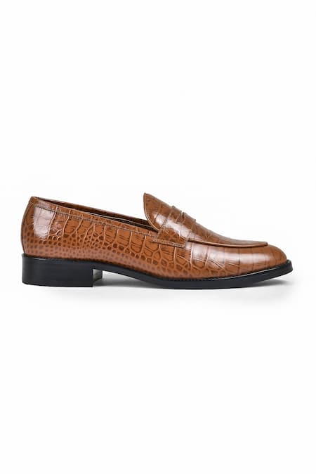 Wednesday Lifestyle Brown George Croc Leather Penny Strap Loafers Online at Aza Fashions Wednesday Lifestyle_Brown George Croc Leather Penny Strap Loafers _Online_at_Aza_Fashions