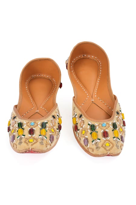 Shop NR By Nidhi Rathi Beige Embellished Navaratnam Mojaris at Aza Fashions Shop_NR By Nidhi Rathi_Beige Embellished Navaratnam Mojaris _at_Aza_Fashions