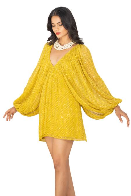 Shop Pallavi Jaipur Green Chiffon Sequins V-neck Matchstix Print Short Dress Shop_Pallavi Jaipur_Green Chiffon Sequins V-neck Matchstix Print Short Dress