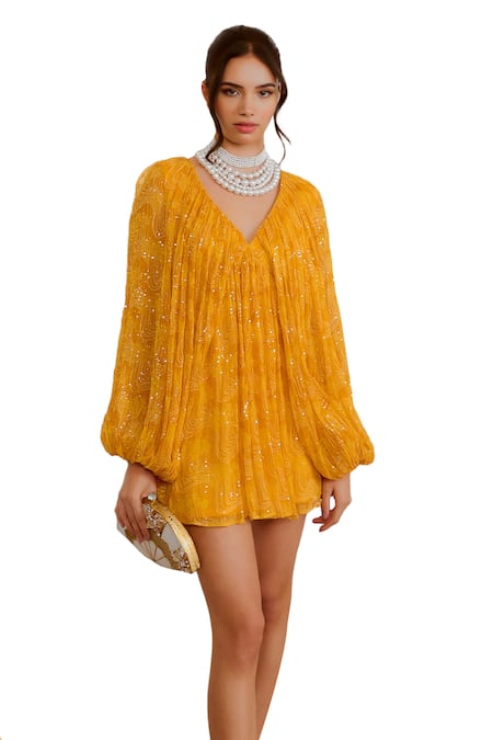 Buy Pallavi Jaipur Yellow Chiffon Sequins, Embroidery V-neck Jugnu Short Dress Buy_Pallavi Jaipur_Yellow Chiffon Sequins, Embroidery V-neck Jugnu Short Dress