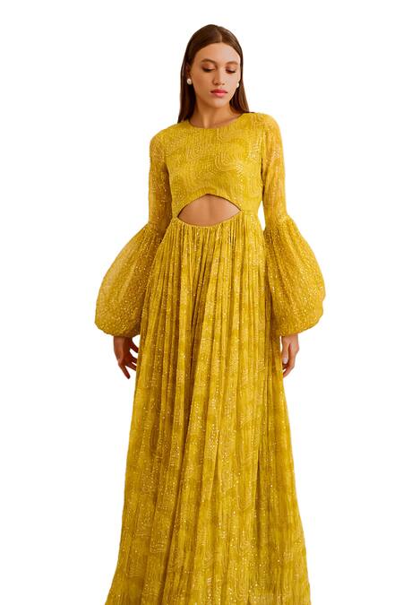 Pallavi Jaipur Green Chiffon, Linen Sequins, Embroidery Round Neck Jugnu Dress at Aza Fashions Pallavi Jaipur_Green Chiffon, Linen Sequins, Embroidery Round Neck Jugnu Dress _at_Aza_Fashions