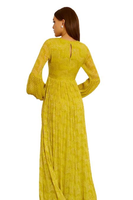 Buy Pallavi Jaipur Green Chiffon, Linen Sequins, Embroidery Round Neck Jugnu Dress Buy_Pallavi Jaipur_Green Chiffon, Linen Sequins, Embroidery Round Neck Jugnu Dress