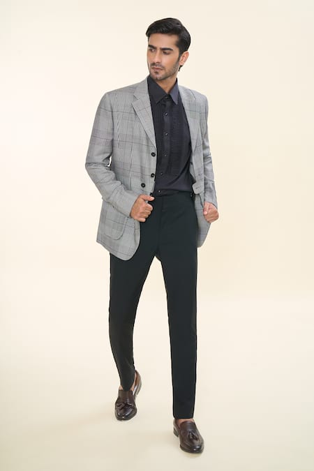 Prima Czar Grey Poly Wool Weave Checks Classic Jacket 