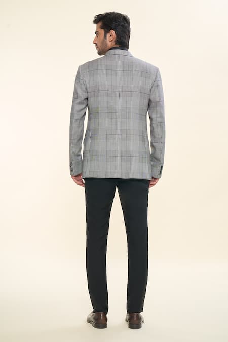 Shop_Prima Czar_Grey Poly Wool Weave Checks Classic Jacket_at_Aza_Fashions